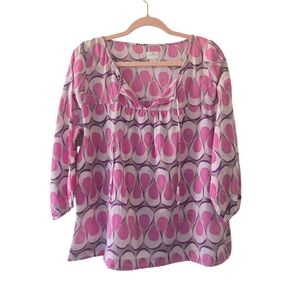 Hartford Geometric Boho Retro Peasant Top Long Sleeve Ties At Neck Pink sz 4